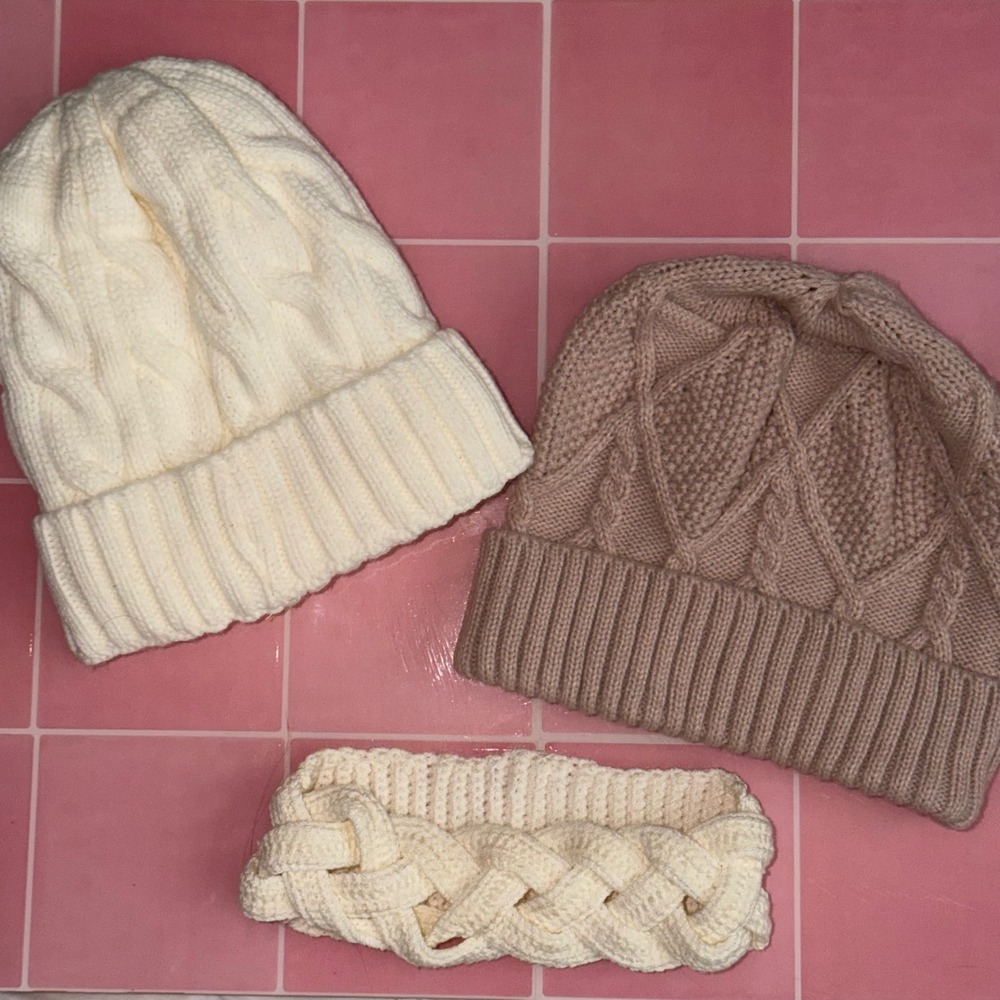 Lot of 3 Winter Accessories Cable Knit Beanies and Braided Headband Cream Taupe